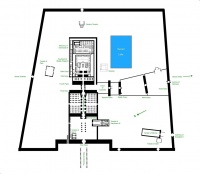 fig. a Legenda: 1 – Primo pilone (ingresso monumentale; XXX Dinastia); 2 – Tempio di Sethy II (XVIII Dinastia); 3 – Grande cortile porticato; 4 – Tempio di Ramses III (XX Dinastia); 5 – Sala ipostila (iniziata da Sethy I, terminata da Ramses II -XIX-); 6 – Tempio di Amon (propriamente detto)(vedi fig. b); 7 – “Akh-Menu”, o “Sala delle feste” di Thutmosi III (XVIII Dinastia); 8 – Lago sacro di Amon; 9 – Propilei del sud; 10 – Tempio giubilare di Amenhotep II (XVIII Dinastia)11 – Tempio di Khonsu; 12 – Tempio di Opet; 13 – Viale delle sfingi “criocefale”; 14 – Tempio di Mut;15 – Lago sacro di Mut; 16 – Tempio di Amenhotep III (XVIII Dinastia); 17 – Tempio di Ramses III (XX Dinastia); 18 – Tempio di Monthu.