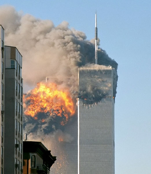 File:North face south tower after plane strike 9-11.jpg